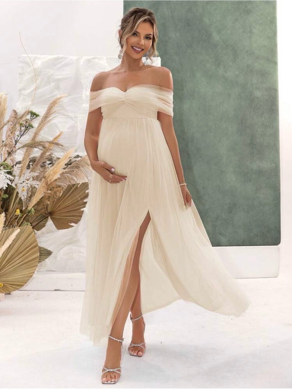 Off-the-Shoulder Cream Maternity Maxi Dress
